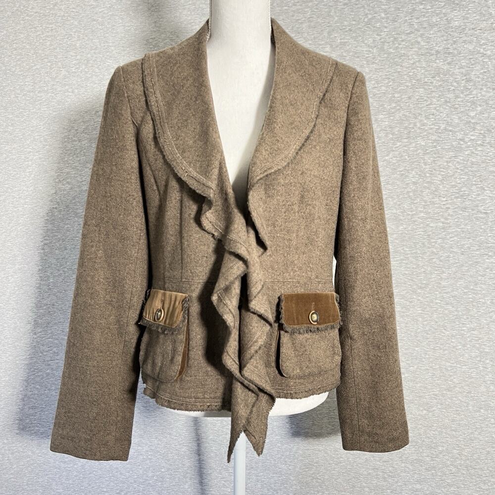 Cabi Blazer Womens 8 Brown Tweed Wool Blend Jacket Academia Y2K‎ Tailored Ruffle